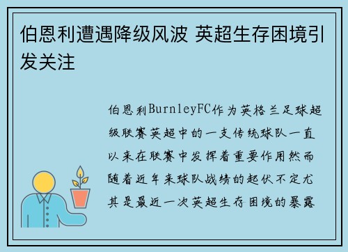 伯恩利遭遇降级风波 英超生存困境引发关注