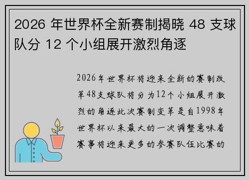 2026 年世界杯全新赛制揭晓 48 支球队分 12 个小组展开激烈角逐 2026 年世界杯全新赛制揭晓 48 支球队分 12 个小组展开激烈角逐
