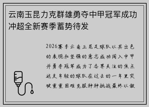 云南玉昆力克群雄勇夺中甲冠军成功冲超全新赛季蓄势待发